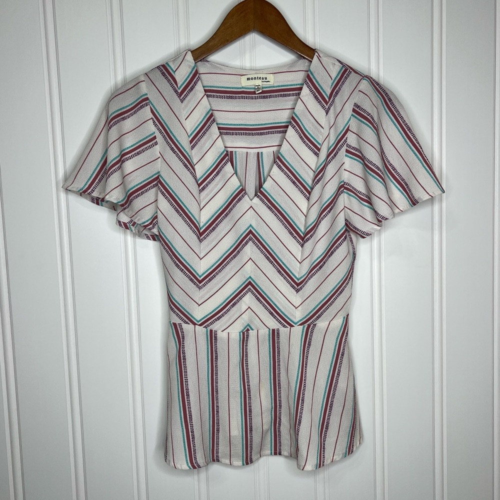 Monteau Women's Striped Top White Blue Size Medium